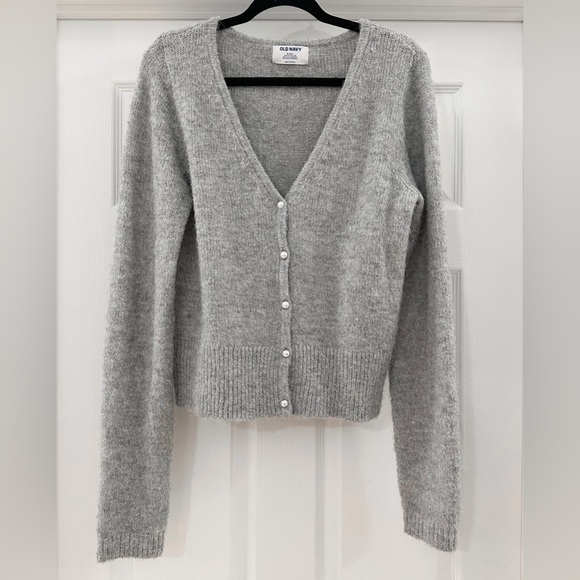 Old Navy Cozy Cardigan Sweater V Neck Pearl Button light Gray sz Medium Tall - Picture 3 of 7